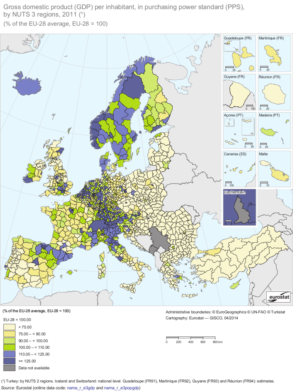 This map shown all the regions in Europe and the  amount of GDP per capita they have in 