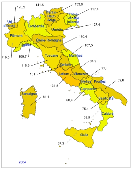 This map shows the GDP per capita that each region in Italy has in 2004.