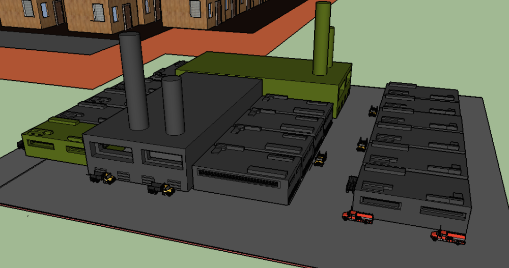 This is an example of heavy manufacturing region. We can see there are some cars set by the factory, those are used for transport the product or material.